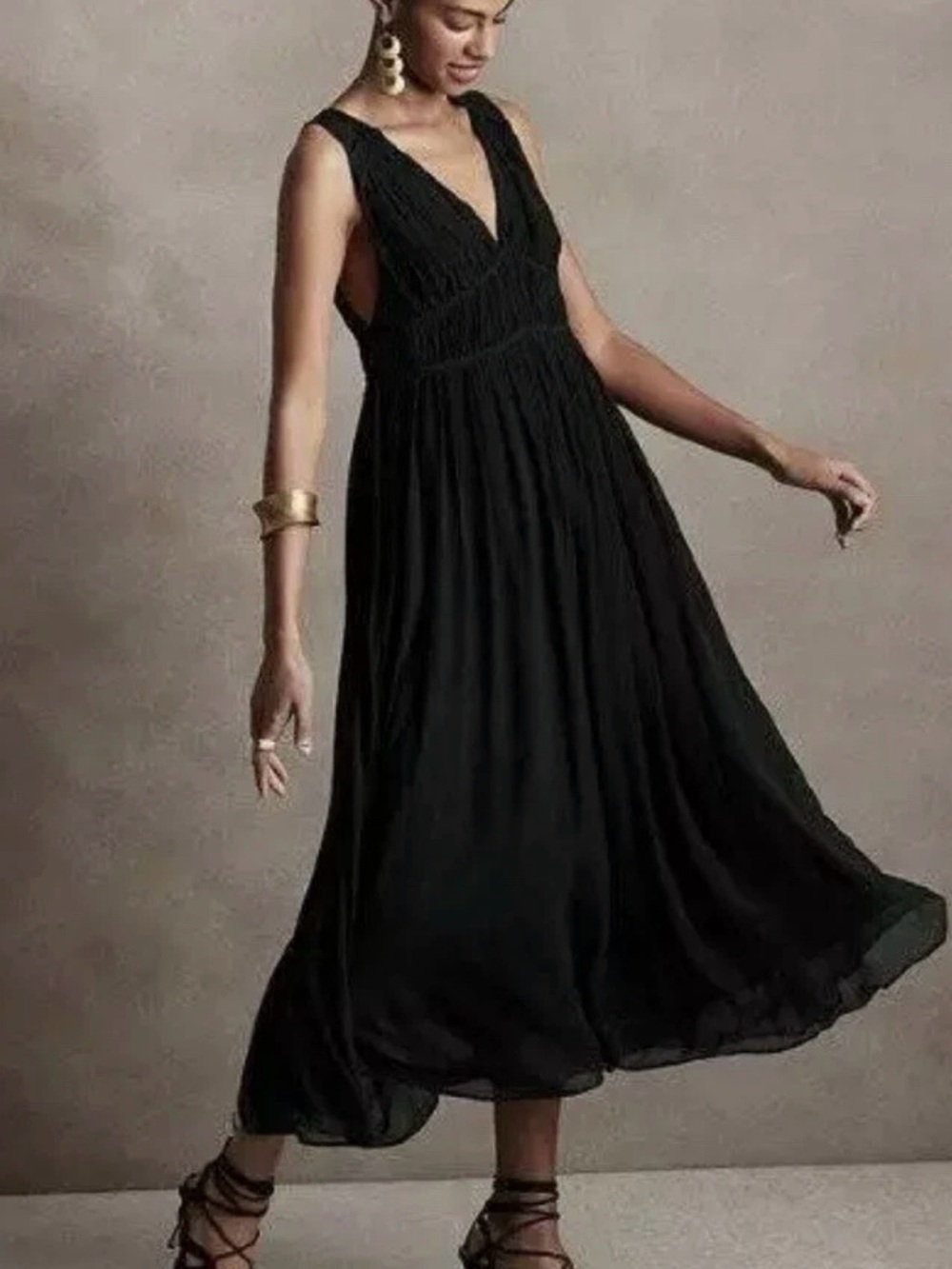 NEW BANANA REPUBLIC BLACK CRINKLE MIDI DRESS WITH SILK Size XL Tall